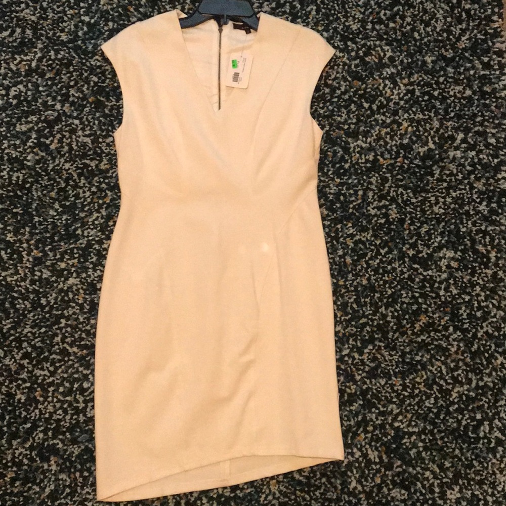White, fitted V neck dress